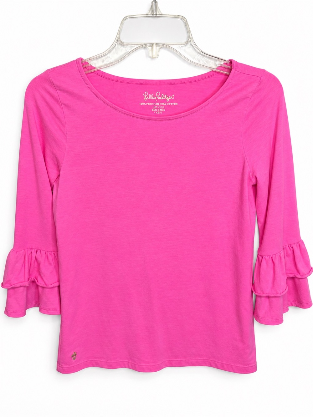 Lilly Pulitzer Girls XL 12-14 Pink Ruffle Bell Sleeve Top Pima Cotton Preppy